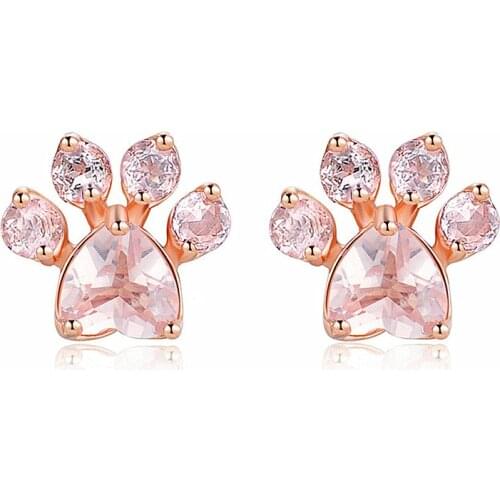 New Hot Rose Gold Dog Paw Shape Earrings for Women Fashion Shiny Pink Stone Small Bear Claw Animal Stud Earrings