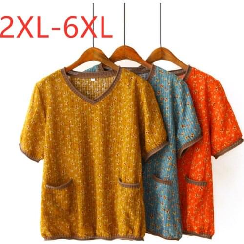 New summer plus size tops for women large loose short sleeve cotton pocket floral print V neck T-shirt yellow 3XL 4XL 5XL 6XL