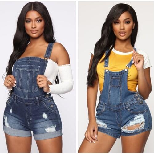 Plus Size Womens Rompers Jumpsuit Denim Short Overalls Skinny Jeans Playsuits Femme Ripped Hole Combi Shorts Combinaison Siamese