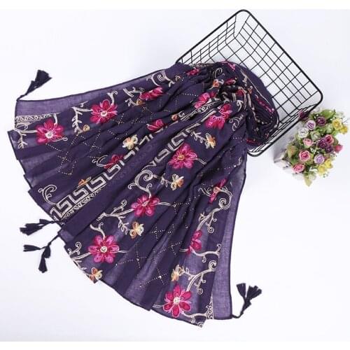 Women embroidered flower tassel cotton scarf shimmer diamond long shawl muslim hijab wraps fashion pashmina 20pcs/lot