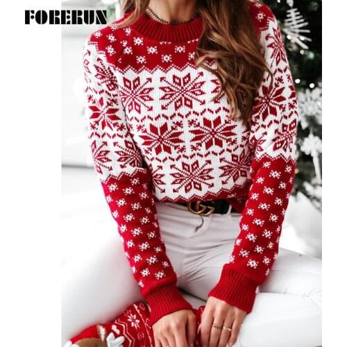 FORERUN Christmas Sweater Women Snowflake Knitted Pullover O Neck Christmas Jumper Knitwear Dropshipping