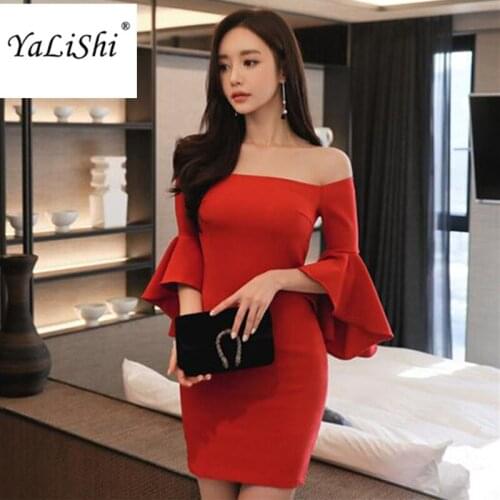 2020 Spring Women Dress Office Slash Neck Flare Sleeve Dresses Slim Bandage Bodycon Red Package Hip Dress Sexy Party Vestidos