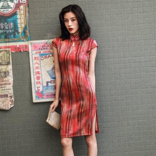 Sheng Coco Women Fashion Stripe Qipao Dress Cheongsam Moden Chinese Clothing Vintage Collar 4XL Short Costume
