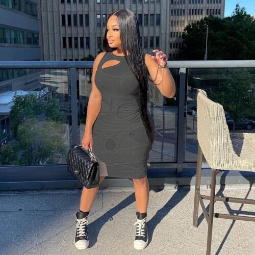 Solid Hollow Out Sheer Mesh Women Skinny Dress 2021 Summer Sleeveless Transparent Slim Bandage Streetwear Club Party Vestidos