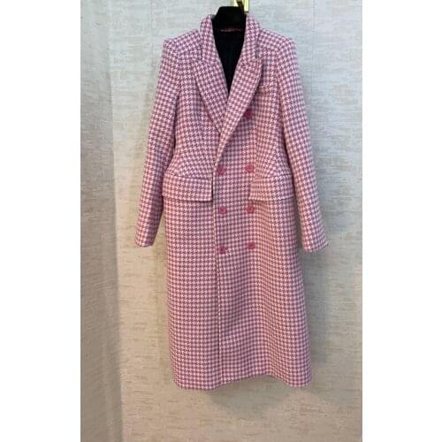 High End Quality 11.7 Pink Houndstooth Plaid Wool Coat Women Fashion Vintage Slim Long Overcoat Outerwear