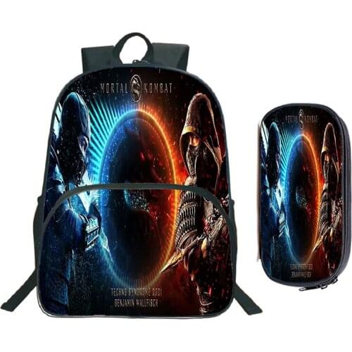 2Pcs Set Mortal Kombat Backpack Teens Boys16 Inch Rucksack Student Anime Bagpacks Travel Backbag Kids Zipper School Bags Mochila