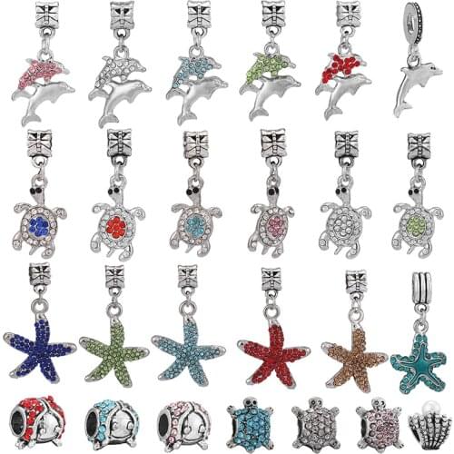 2Pcs/Lot Summer Style Dolphin Tortoise Starfish Charm Beads Pendant Fit DIY Brand Bracelet Necklaces For Women Jewelry Making
