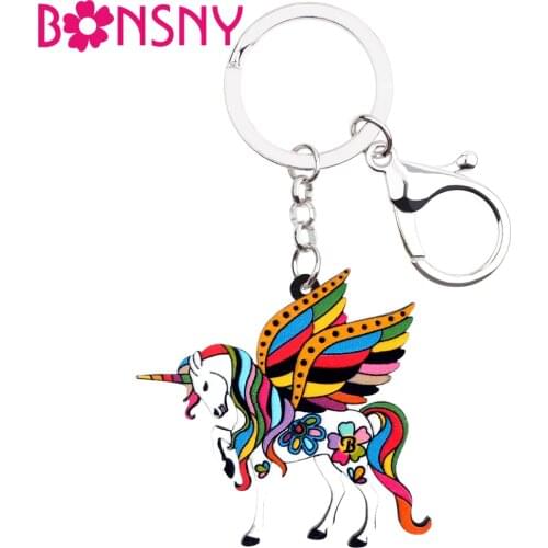 Bonsny Acrylic Floral Holy Unicorn Horse Key Chain Keychain Rings Unique Animal Jewelry For Women Girls Handbag Car Purse Charms