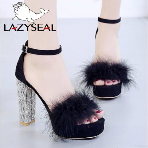 LazySeal High Heels Fur Ladies Sandals Women Pumps Shoes Summer Leisure Footwear Woman Buckle Strap Gladiator Female Dress Shoes
