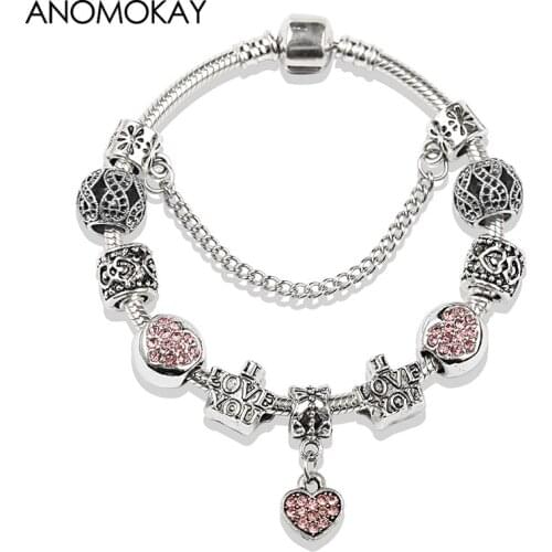Classic Silver Color Heart Ball Charms Bracelet Romantic Pink Crystal Diy Bead Bracelets & Bangles Fashion Jewelry Gift