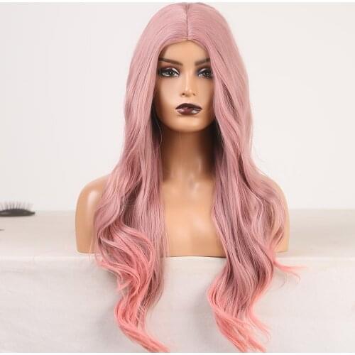Long Wavy Wig Synthetic Heat Resistant Fiber Hair Wig with Baby Hair Soft Hair Pink Color Cosplay Wig