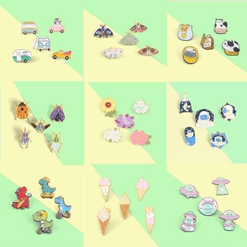 Extra-Value Meal Enamel Pins 9Style Set Flowers Insects Dinosaur Cartoon Cute Brooches Backpack Accessories for Friends Jewelry