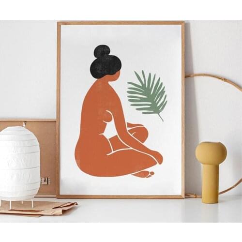 Woman Figure Tropical Leaf Print Female Nude Illustration Poster Burnt Orange Terracotta Art Canvas Painting Home Wall Decor