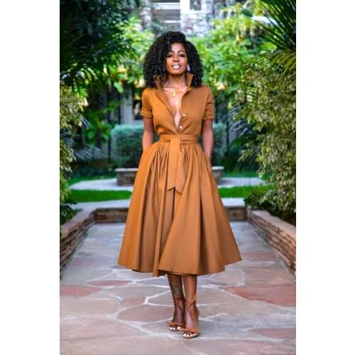 Button Up Shirt Dress for Women Solid Color Half-Sleeve Shirt Expandable Lapel Dresses African Clothing
