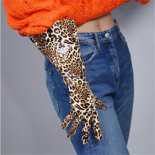 Patent Leather Long Gloves 38cm Large Sleeves Simulation Leather Imitation Leather Unisex Leopard Print DXQP01