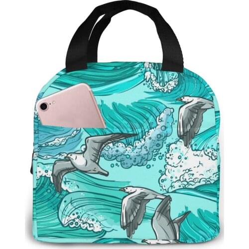 Sea Waves Seagulls Lunch Food Box Bag Insulated Thermal Food Picnic Lunch Bag for Women kids Men Cooler Tote Bag