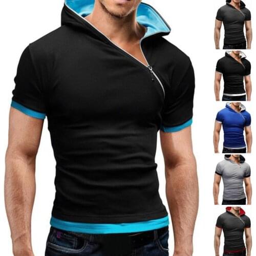 Men Fashion Short Sleeve Color Block Hood Hem Diagonal Zip Slim T-shirt Hoodie