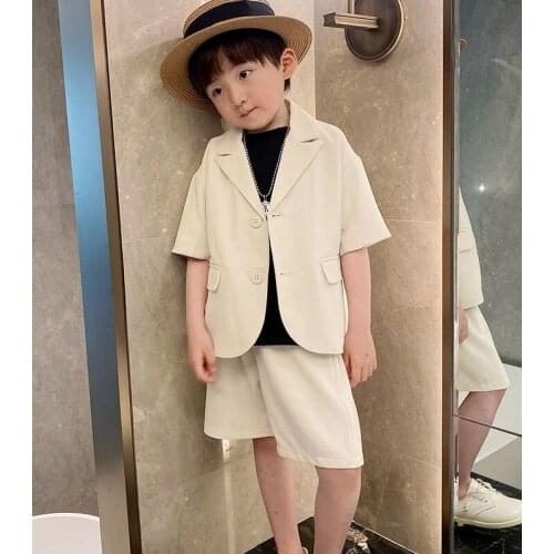 Boys Summer White Jacket +Shorts 2PCS Clothing Set School Kids Wedding Tuxedo Dress Children Chorus Performance Dress Costume