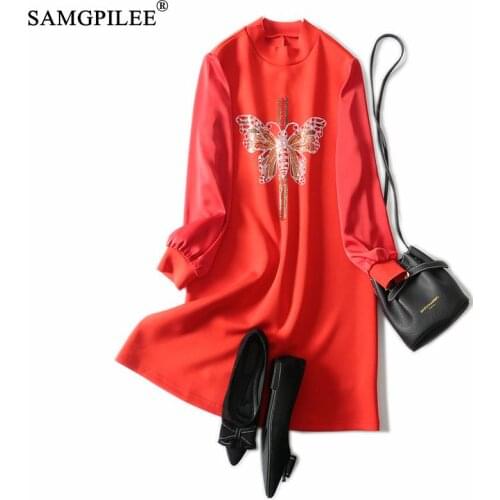 Dresses 2021 New Hot Rhinestone Butterfly Pattern Korea Fashion Clothing Stitching A Shaped Space Cotton Winter Dress For Women