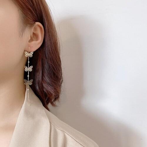 Simple Cute Three Alloy Butterflies Tassel Earrings Trend Exquisite Flakes Elegant Eardrop Female Fashion Jewelry Party Gift