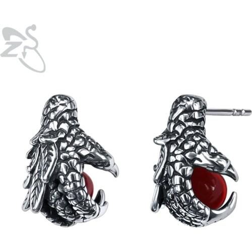 ZS Punk Dragon Claw Stud Earrings with Red Stone Mens Stainless Steel Earrings Hip Hop Rock Roll Ear Piercing Jewellery kolczyk