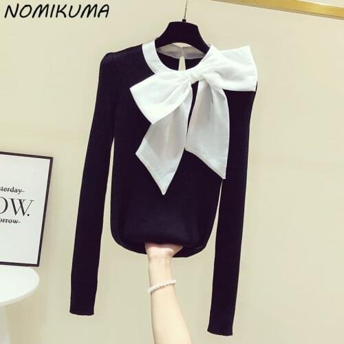 Nomikuma Chic Sweet Bowknot Pullover Knitwear Long Sleeve 2021 Autumn Winter Sweater Long Sleeve Slim Women Knitted Tops 6Z793