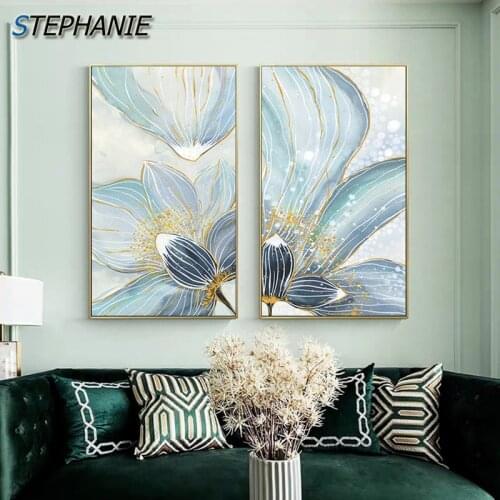 Nordic Fantasy Blue Lotus Canvas Painting Abstract Golden Poster Baby Blue Wall Picture for Living Room Modern Flower Wall Art