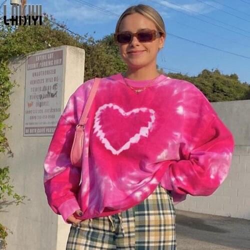 Bts Hoodies Heart Pattern Y2K Pink Oversized Sweatshirts Autumn Loose Pullovers Women Tie Dye Long Sleeve Tee Tops Sweatshirt