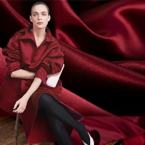 Yarn-dyed herringbone burgundy red pure silk fabric, slight sculpture, sewing for skirt, dress, suits, pants, craft by the yard