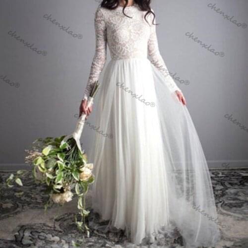 A line Boho Wedding Dress Lace Tulle Bridal Gowns Long Sleeves Simple Beach Floor Length Wedding Gown