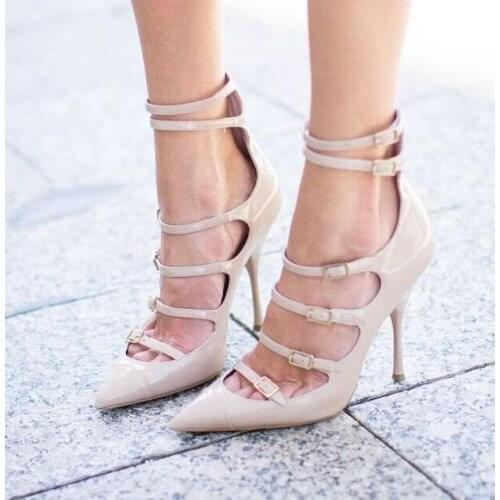 Moraima Snc Nude Patent Leather High Heel Shoes Woman Sexy Pointed Toe Buckle Strap Dress Heels Super High Party Wedding Shoe