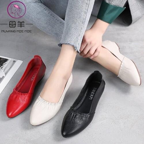 MUYANG Plus Size 35 - 43 Genuine Leather Flats Shoes Women Work Loafers Casual Comfortable Ladies Maternity Nursing Shoes