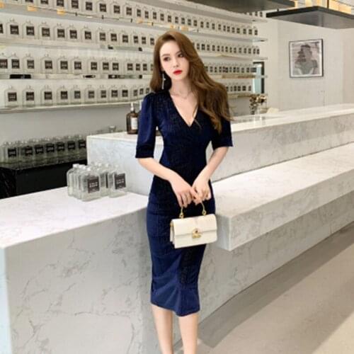 Spring Sexy Party Bodycon Dresses Women Half Sleeve V Neck Velvet Dress Office Print Vintage High-end Bandage Dress Vestidos