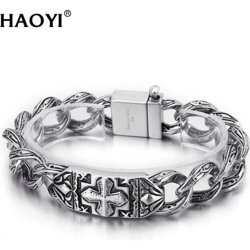 17mm Vintage Bracelet Christian Style Cross Engraved Retro Exquisite Cuff Magnetic Bracelet Punk Jewelry for Men