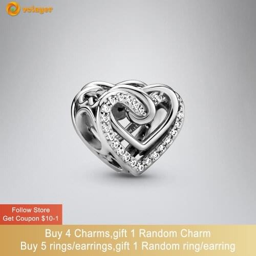 Volayer 925 Sterling Silver Shiny Joined Hearts Charm fit Original Pandora Bracelets for Women Jewelry Making Gift