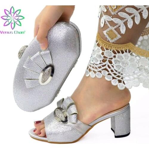 High Quality Silver Color African Designer Shoes and Bag Set To Match Designer Luxury Shoes Women 2020 Nigerian Party Pumps