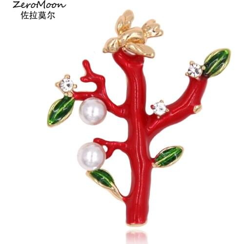 Red Enamel Leaves Tree Brooch Pin Metal Bird Crystal Rhinestone Women Garment Accessory Pearl Vintage Fashion Jewelry