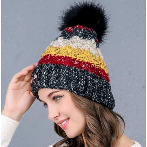 Womens Winter Knit Slouchy Beanie Hat Warm Skull Ski Cap Faux Fur Pom Pom Hats