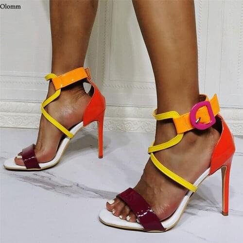 Olomm New Fashion Women Summer Sandals Sexy Thin High Heels Sandals Open Toe Multi Color Party Shoes Women US Plus Size 5-15
