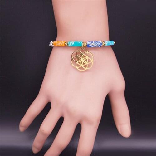 Yoga Flower of Life Stainless Steel Chakra Bracelets Women Gold Color Adjustable Bracelet Jewelry bileklik bayan B18736