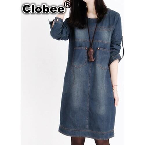Clobee Plus Size Women Clothing 2019 Spring Jeans Shirt Dress Woman Summer Vintage Long Sleeve Denim Dresses For Women Vestidos