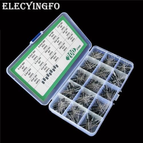 15values 200pcs 10V/16V/25V50V 0.1uF 0.47uF 1uF 2.2uF 4.7uF 10uF 22uF 47uF 100uF 220uF Aluminum electrolytic capacitors kit box