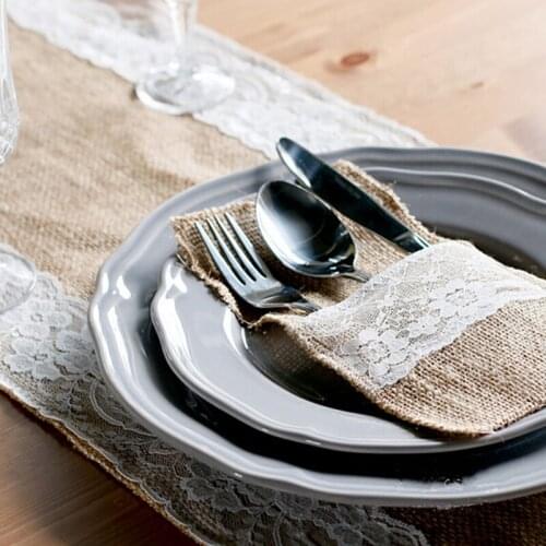 2 Pieces Hessian Burlap Lace Jute Cutlery Pocket Burlap 21 *10CM Knife and Fork Bag For Wedding Decoration