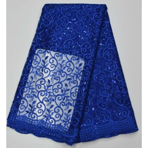 2016 High Quality African Lace Fabric Gold , Royal Blue French Net Embroidery Sequins Tulle Lace Fabric For Nigerian party Dress