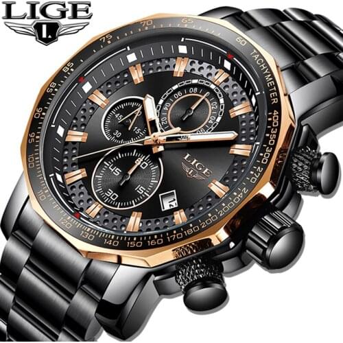 Men Watches LIGE Top Brand Luxury Large Dial Sport Chronograph Military Quartz Watch Men Casual Stainless Steel Waterproof Clock