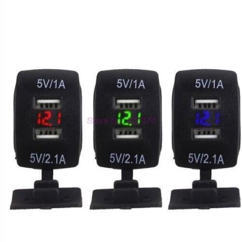 By DHL or Fedex 100pcs 12-24V LED Digital Display Voltmeter 2.1A + 1A Dual USB Charger for Motorcycle Boat Car charger