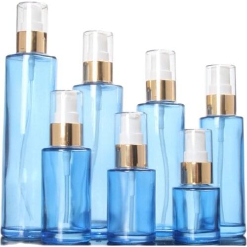 Blue Glass Cosmetic Packaging Refillable Bottle Spray Lotion Pump With Clear Lid Cover 20ML 30ML 60ML 100ML 120ML 8pieces/Lot