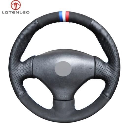 LQTENLEO Black Genuine Leather Suede Sew Car Steering Wheel Cover for Peugeot 206 1998-2005 206 SW 2003-2005 206 CC 2004 2005