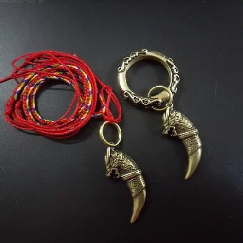 Copper Wolf Tooth Amulet Key Clasp hand-carved Vintage pure brass Wolf Tooth pendant Men Gift