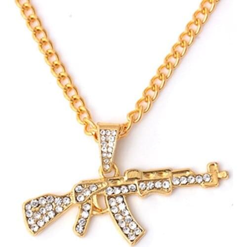 Fashion Cool Gun Pendant Necklace European Hip Hop Jewelry Stainless Steel Chain Rhinestone Alloy Chain Necklace
